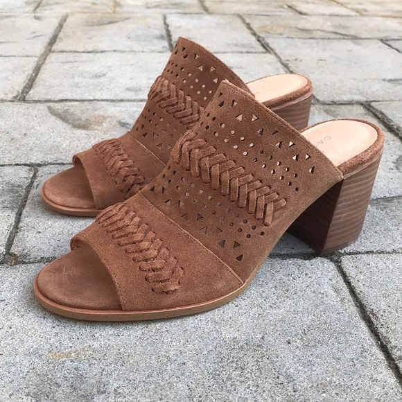 Brown Faux Suede Lasercut Caslon Mule Wooden Heel Sandals - Picture 1 of 16